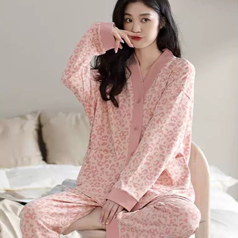 睡衣女春秋款V領長袖可外穿網紅少女粉色高級寬鬆開衫家居服套裝