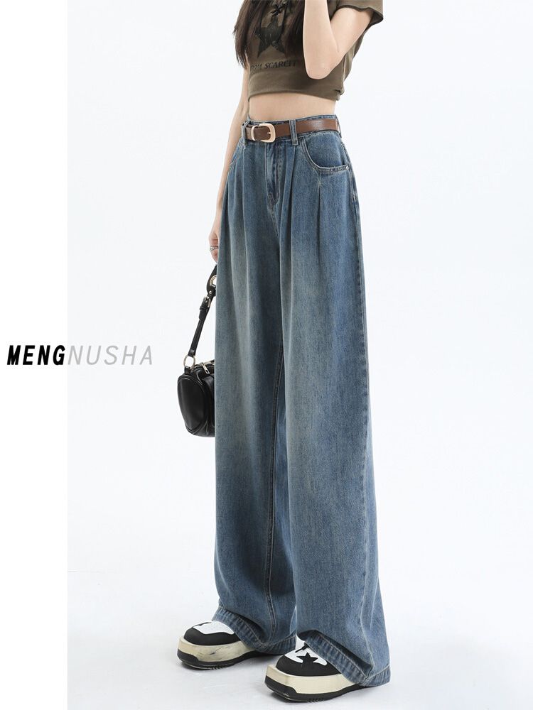 復古闊腿牛仔褲女2023秋季新款高腰寬鬆顯瘦直筒垂感拖地長褲子潮