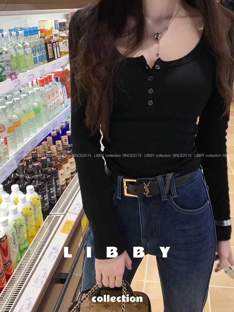 Pure desire button long-sleeved bottoming shirt for women in autumn and winter with niche slim fit and high-end temperament black T-shirt top