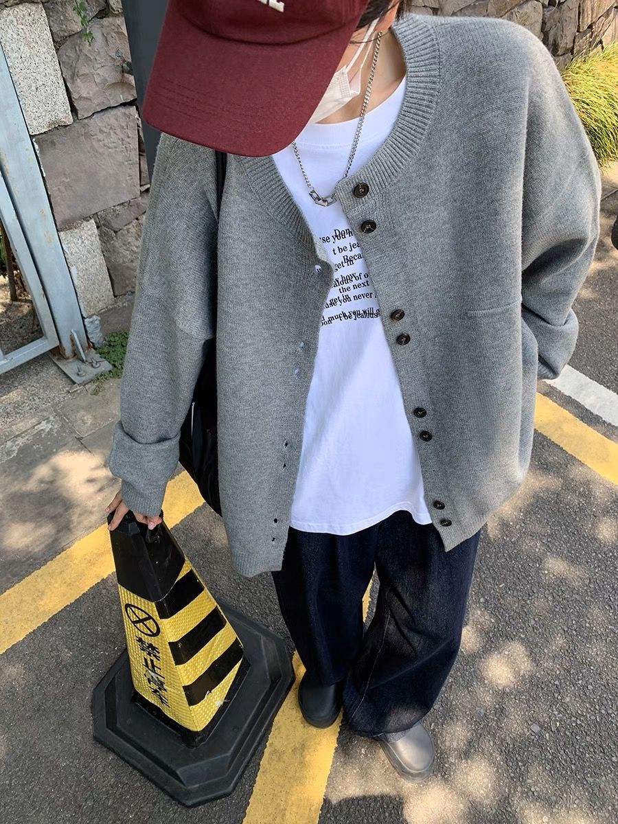 美式復古灰色針織毛衣開衫外套女秋冬小眾寬鬆慵懶風上衣2023新款