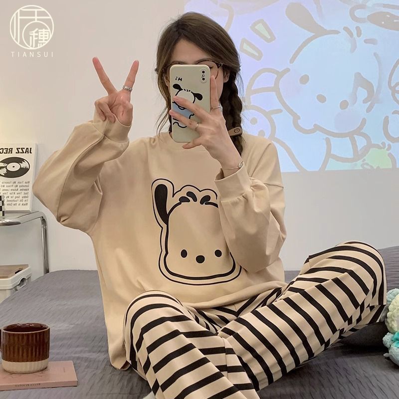 可愛卡通睡衣女款減齡2023年春秋季新款長袖純棉可外穿家居服套裝