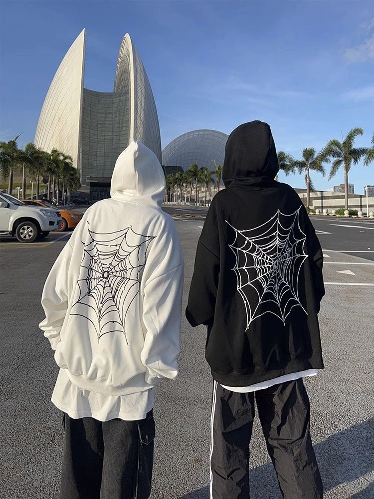 National trend American retro spider letter print hooded sweatshirt for women autumn and winter new heavyweight pure cotton silver fox velvet jacket