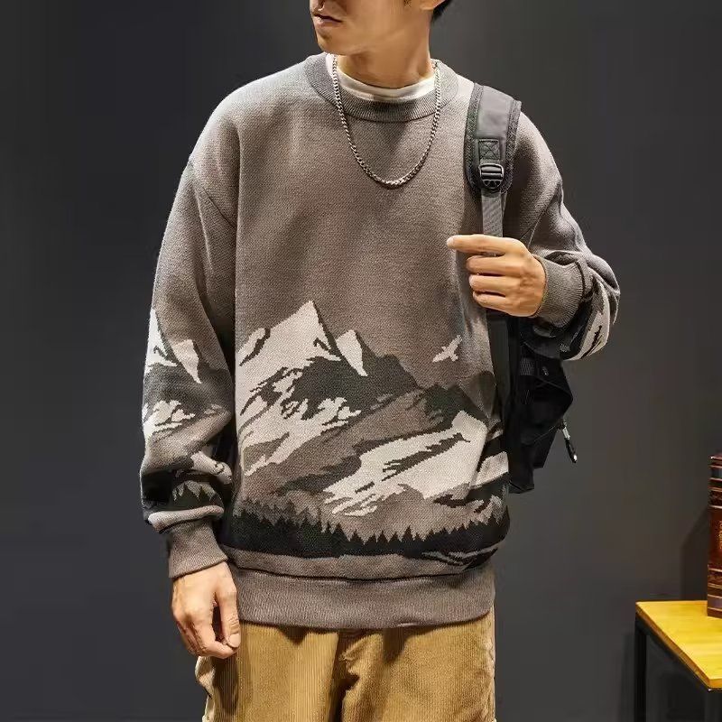 秋冬圓領毛衣男美拉德復古潮流保暖線衣拼色休閒長袖套頭針織衫