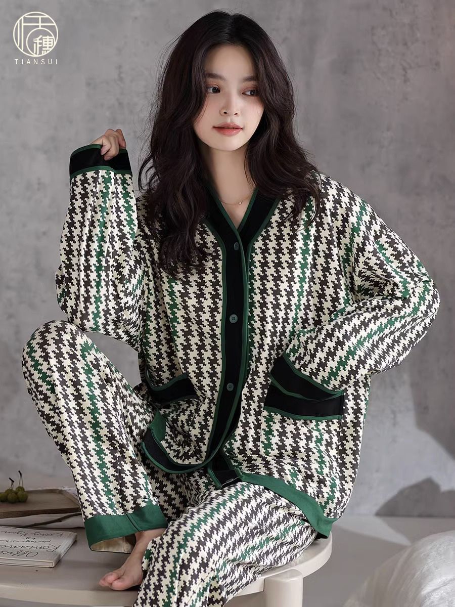 2023新款春秋格子睡衣女長袖開衫V領小香風休閒可外穿家居服套裝