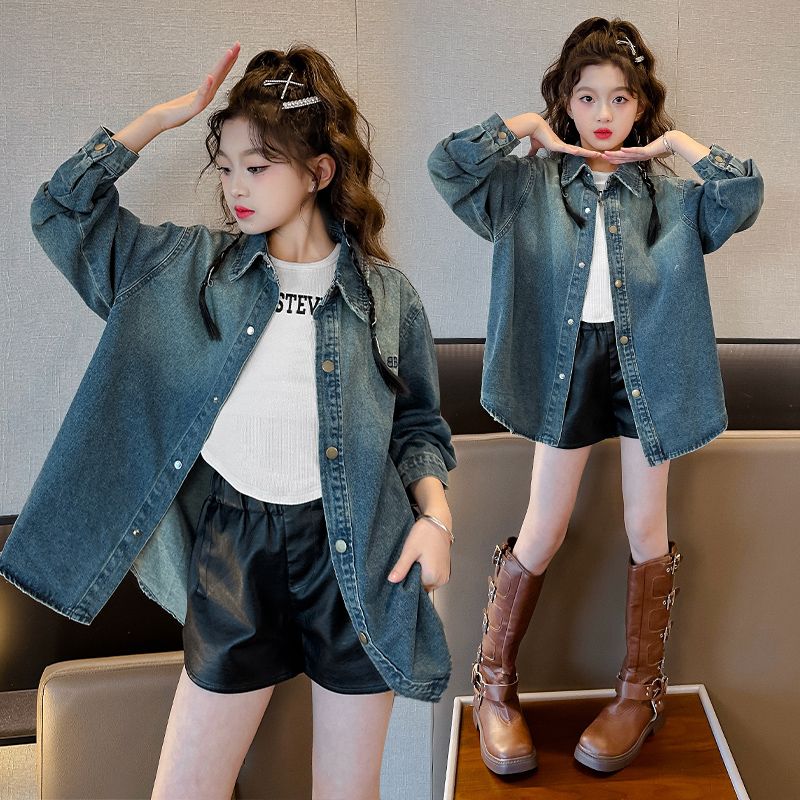 Girls denim shirts casual tops 2023 new medium and large children and girls slim and versatile spring and autumn fashionable jackets