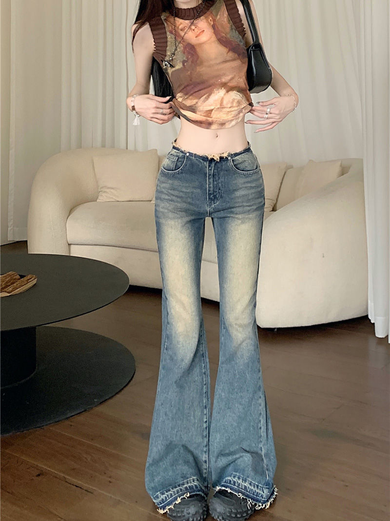 復古水洗做舊微喇牛仔褲女夏季辣妹低腰毛邊拖地褲長褲子