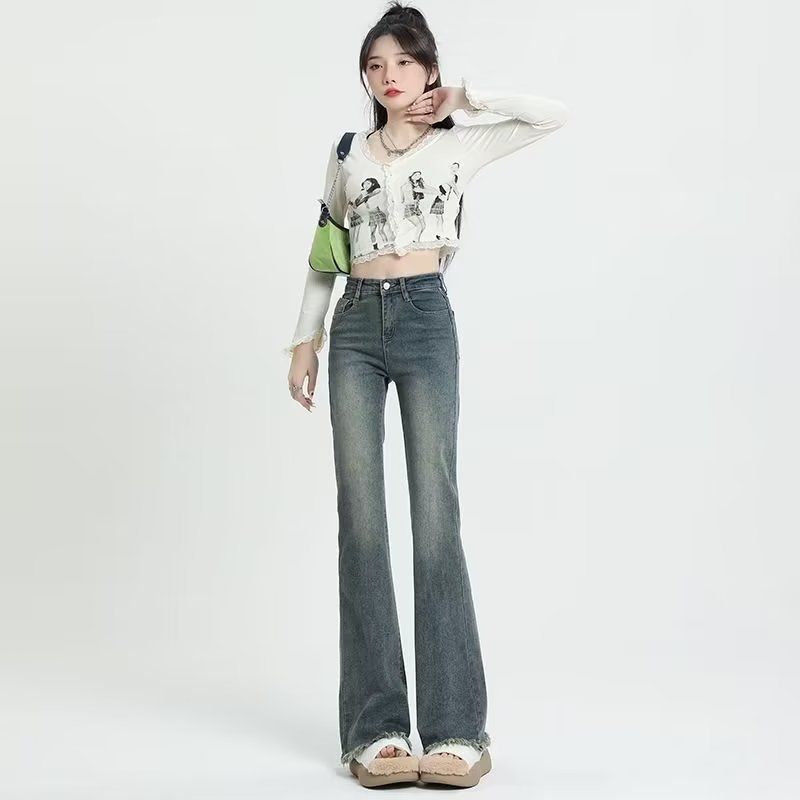 懷舊藍高腰微喇牛仔褲女2023新款復古辣妹彈力顯瘦高街拖地喇叭褲