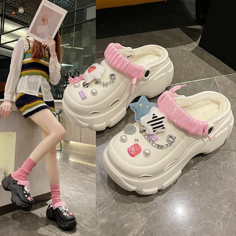 Plush toe-toe slippers for women winter 2023 new anti-slip cotton slippers cute home thick-soled platform shoes toe-toe half slippers