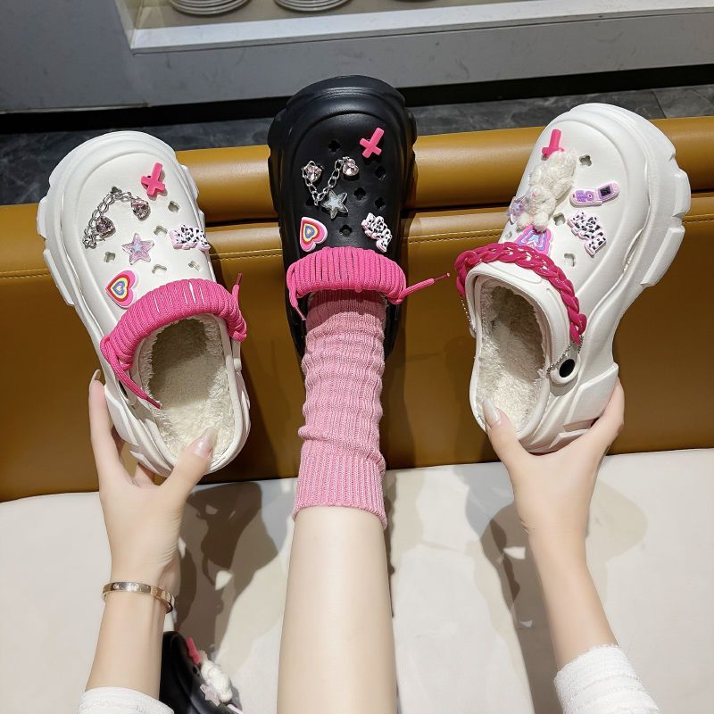 韩系DIY棉拖鞋女冬季厚底增高防滑包头拖网红时尚爆款两穿洞洞鞋