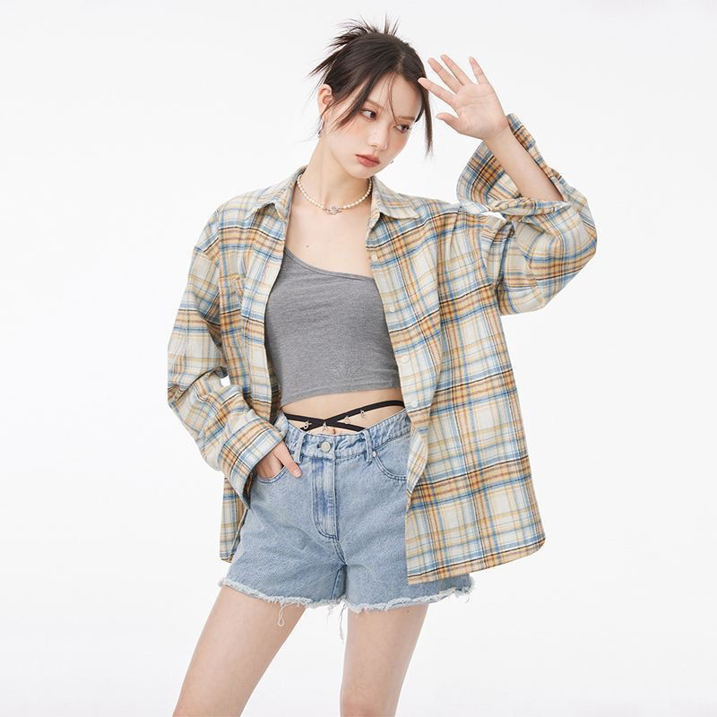 格瑞吉奧復古新款休閒格子襯衫女長袖洋氣寬鬆襯衣開衫薄外套上衣
