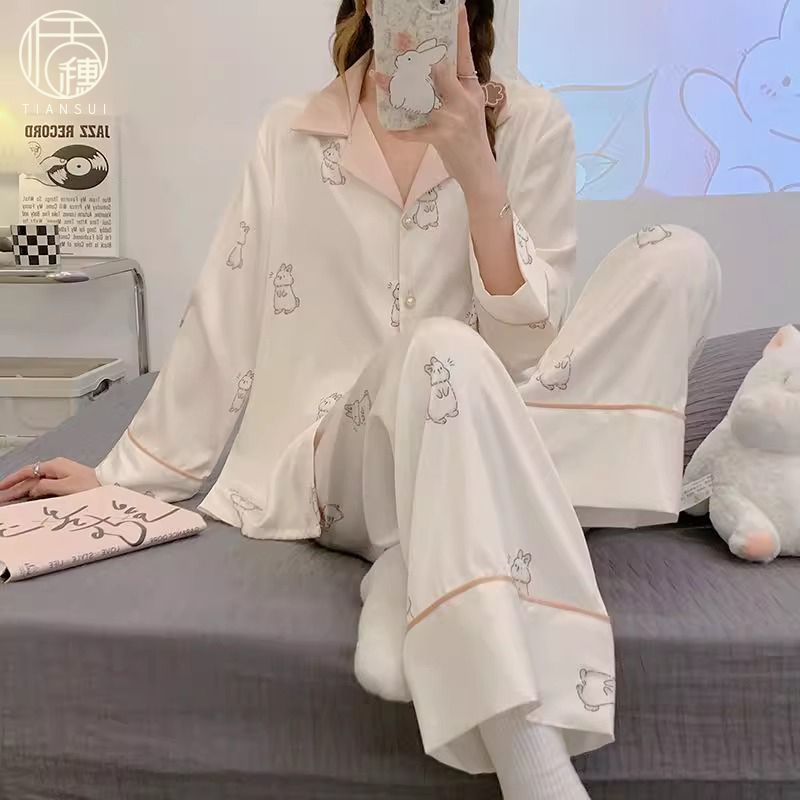 冰絲睡衣女春秋長袖絲綢套裝卡通寬鬆夏天可外穿網紅風家居服冬季