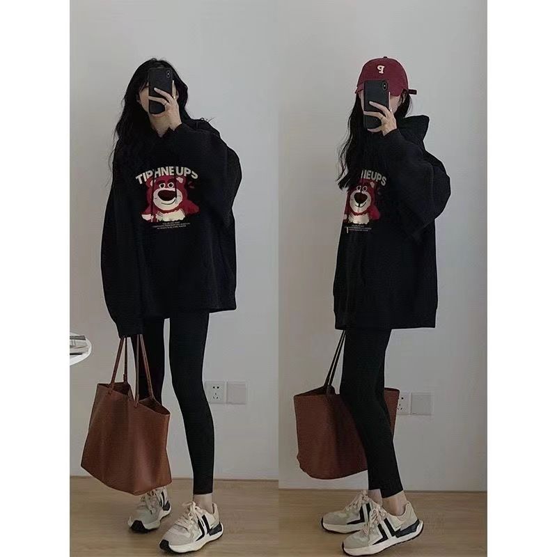 美式復古街頭連帽衛衣女春秋草莓熊oversize寬鬆慵懶風百搭上衣女