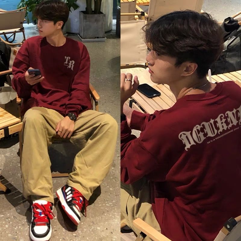 美式重磅純棉長袖t恤男生秋季打底衫嘻哈潮牌字母印花酒紅色上衣