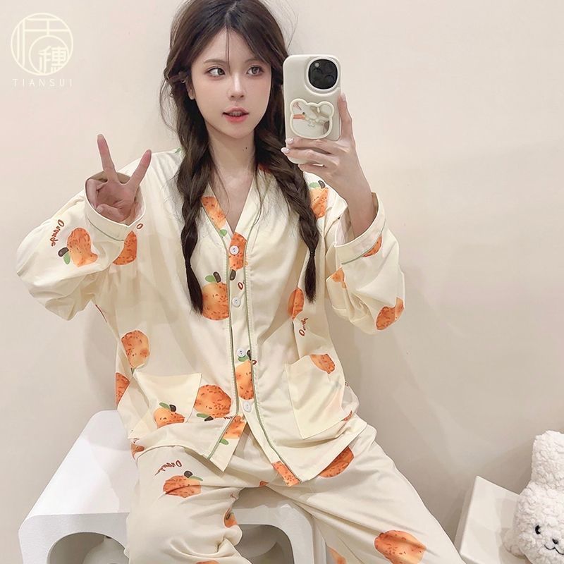 2023新款春秋睡衣女寬鬆長袖長褲休閒睡衣套裝家居服兩件套可外穿