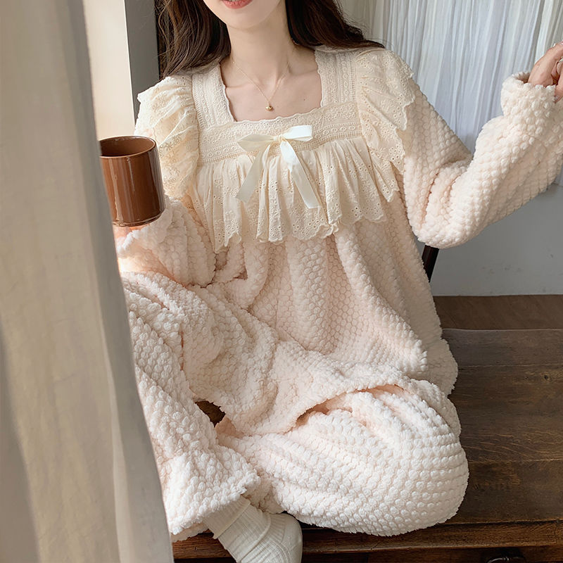 珊瑚絨睡衣女款2023新款秋冬季加絨加厚花邊冬天法蘭絨家居服套裝