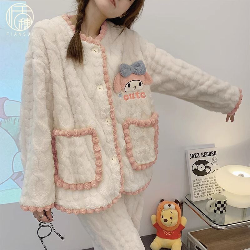 珊瑚絨睡衣女士秋冬季加厚加絨保暖法蘭絨網紅風可愛少女款家居服