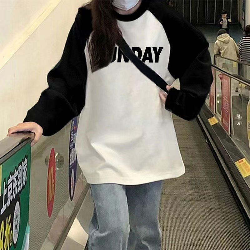 黑白撞色插肩長袖t恤女春秋冬季寬鬆百搭圓領體恤中長款純棉上衣