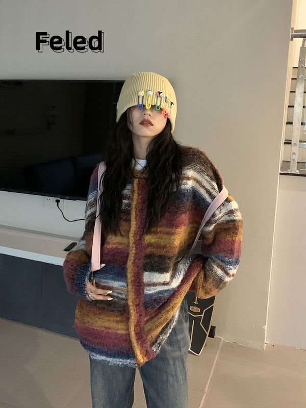 飛拉丹頓復古彩色暈染漸變毛衣外套男女秋寬鬆小眾設計感針織上衣