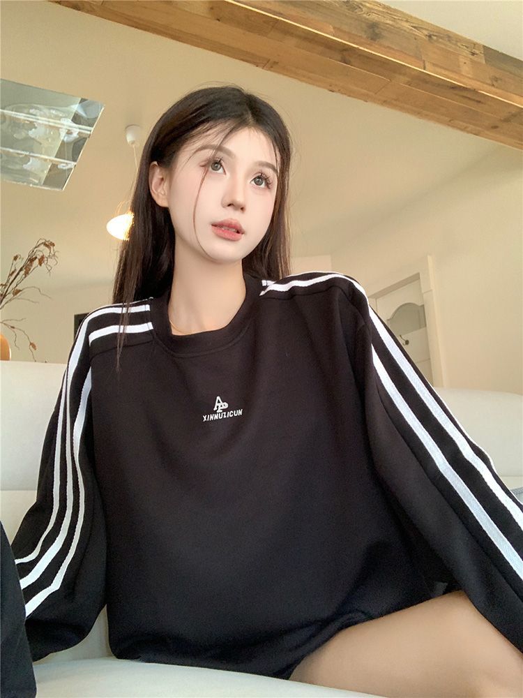 春秋款胖mm2-300斤條紋長袖大碼衛衣女裝韓版洋氣顯瘦中長款上衣