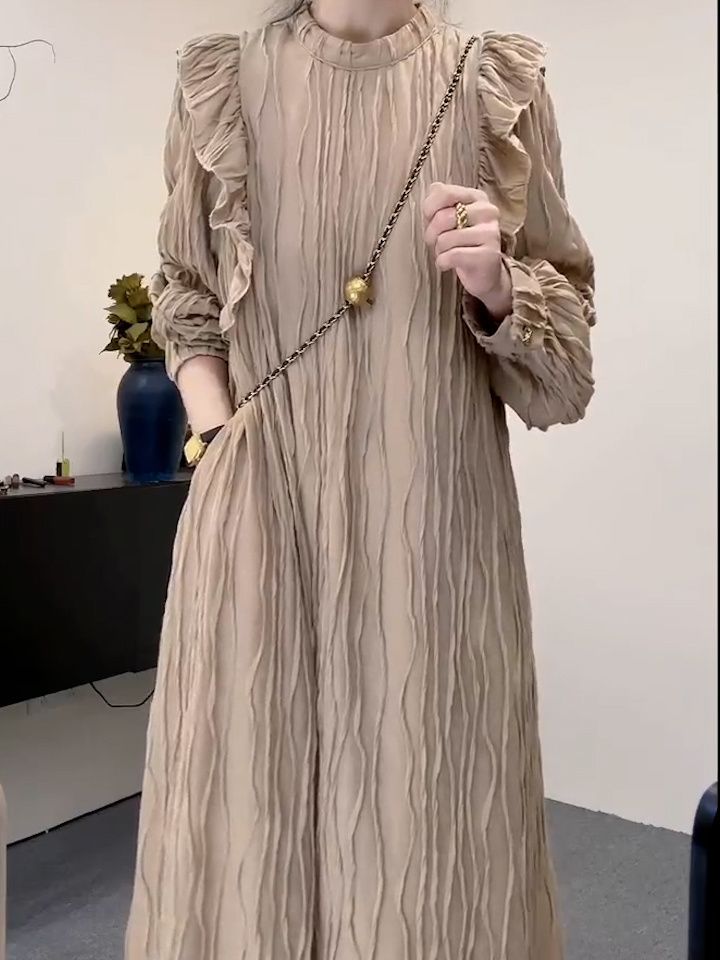 美拉德輕奢韓版氣質寬鬆顯瘦氣質簡約純色超仙連衣裙2023秋季新款