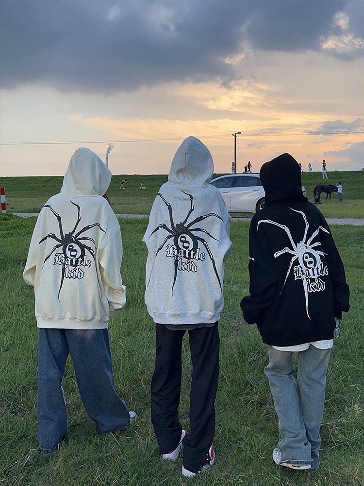 National trend American retro spider letter print hooded sweatshirt for women autumn and winter new heavyweight pure cotton silver fox velvet jacket