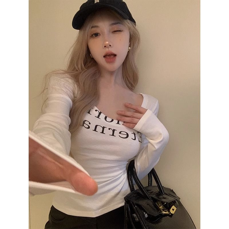 美式復古辣妹打底衫長袖T恤女2023秋冬純欲風百搭修身內搭上衣ins