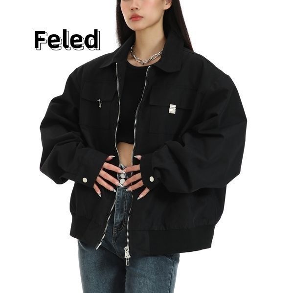 Feila Denton American retro Hong Kong style jacket for men and women hiphop design metal buckle high street jacket top