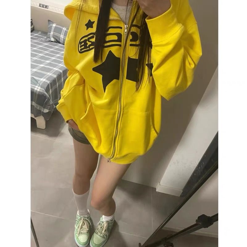 美式復古hiphop開衫拉鏈衛衣女春秋薄款2023新款oversize連帽外套