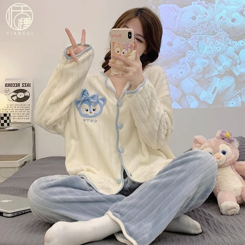 法蘭絨可愛卡通睡衣女款可外穿2023年秋冬季珊瑚絨時尚家居服套裝