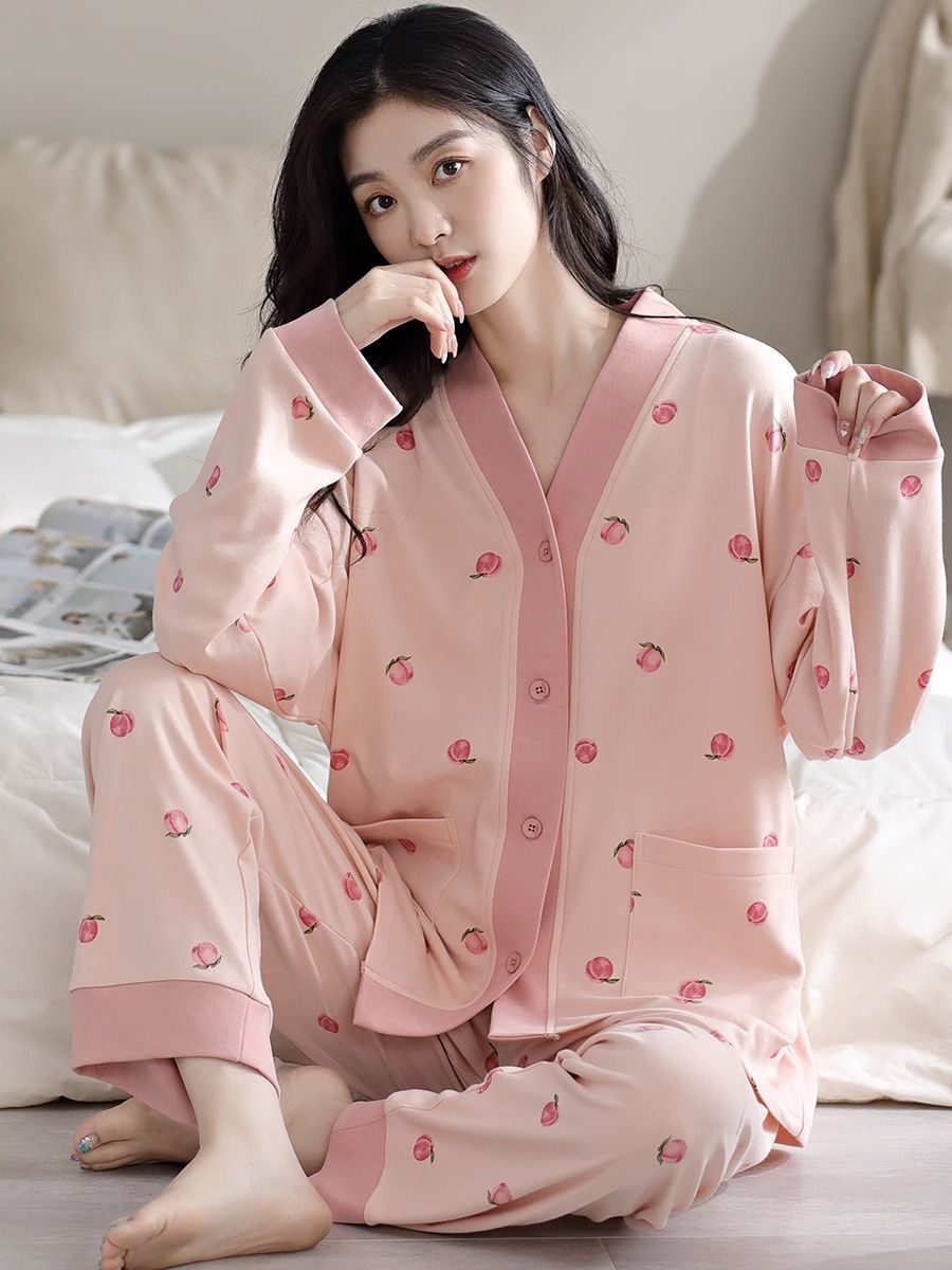睡衣女士春秋新款長袖2023年秋季V領開衫公主風可外穿家居服套裝