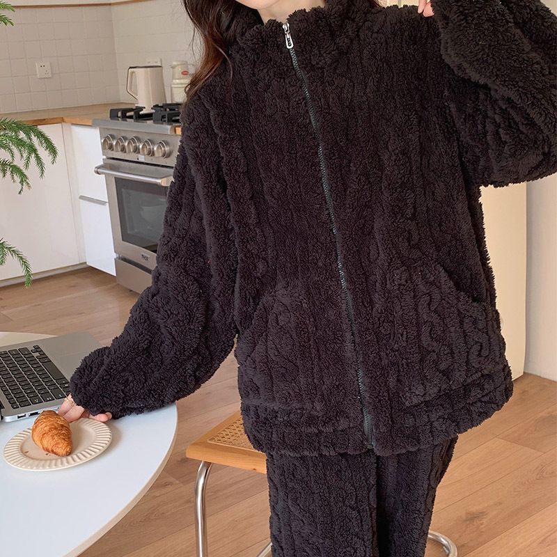 黑色珊瑚絨睡衣冬季女款加絨加厚毛絨拉鏈套裝可外穿秋冬款法蘭絨