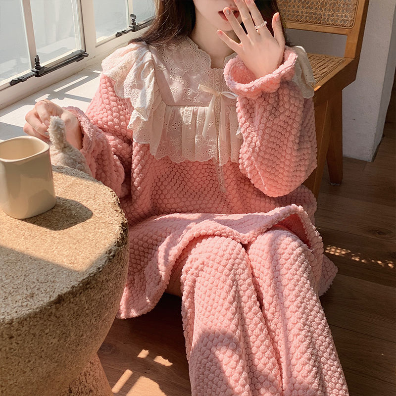 公主款睡衣女秋冬珊瑚絨加厚加絨保暖法蘭絨小香風甜美家居服套裝