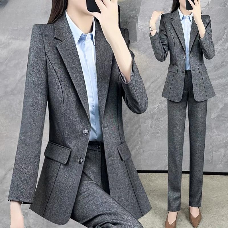 Blazer women's autumn gray temperament high-end commuting suit two-piece professional formal work clothes