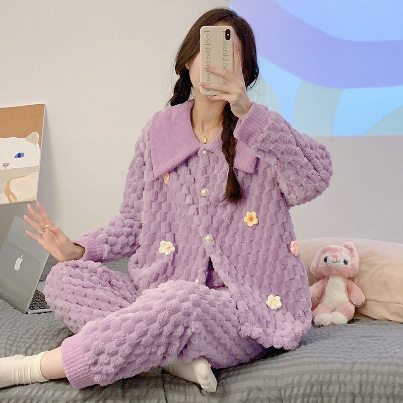 紫色小香風珊瑚絨睡衣女秋冬季加絨加厚高級感法蘭絨冬家居服套裝