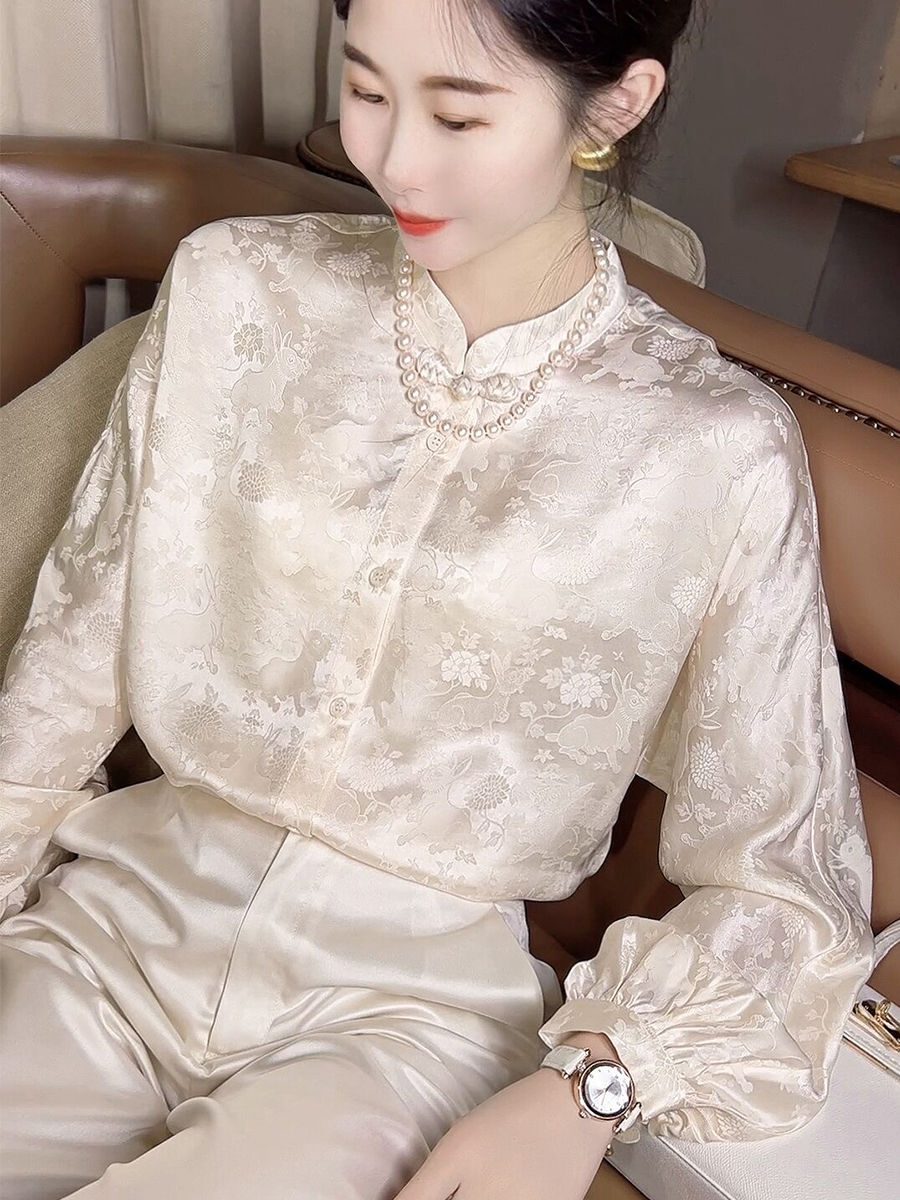 兔銜花枝香雲紗長袖新中式桑蠶絲上衣女2023早秋立領真絲襯衫