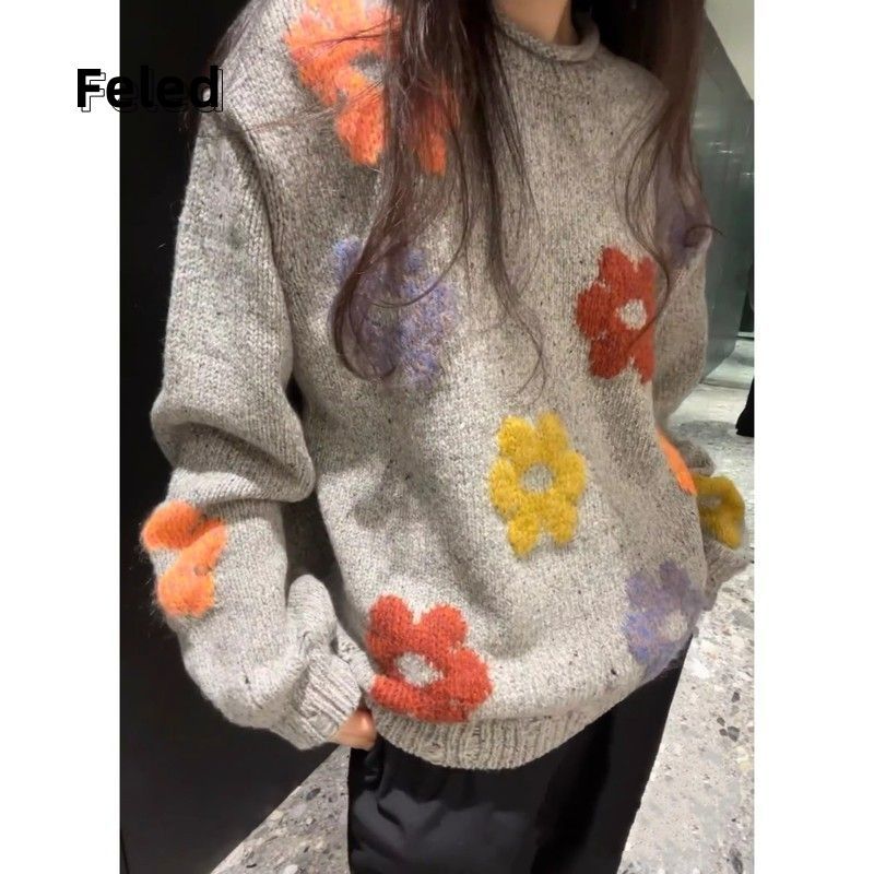 飛拉丹頓早秋彩色花朵灰雜色慵懶風寬鬆破洞套頭針織衫男女潮上衣