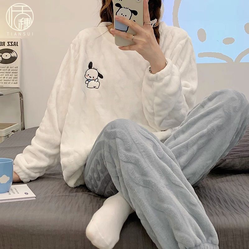 睡衣冬季女款珊瑚絨加厚加絨長袖可愛寬鬆法蘭絨家居服套裝可外穿