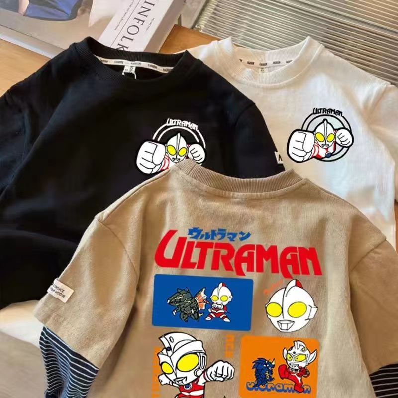 100% pure cotton fake two-piece boys' long-sleeved T-shirt new children's spring and autumn bottoming shirt Korean style top t
