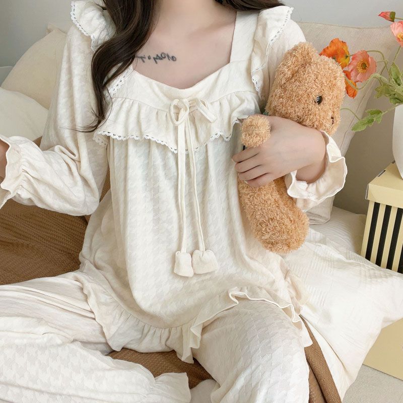 睡衣女春秋季甜美公主風長袖純棉薄款套頭可外穿溫柔感家居服套裝