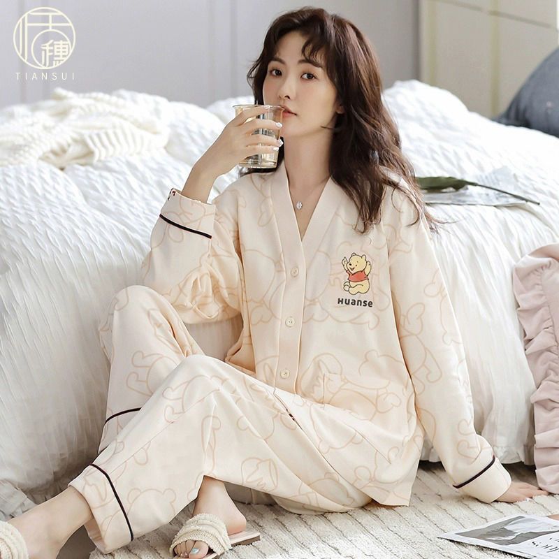 2023春秋新款睡衣女長袖V領薄款卡通網紅風休閒兩件套家居服套裝