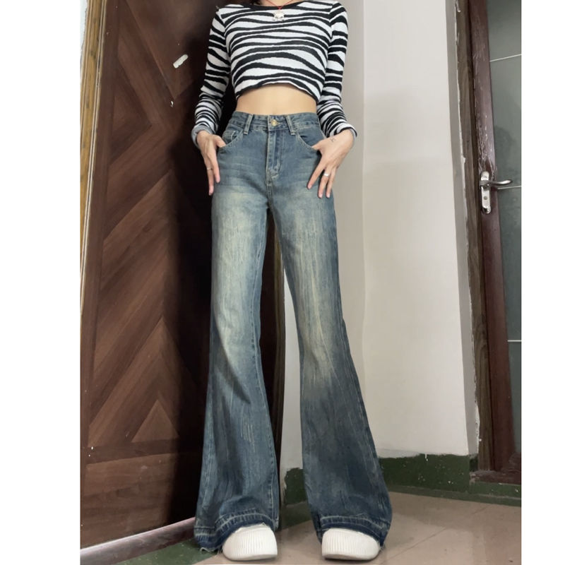 微喇牛仔褲女2023新款美式復古馬蹄褲春秋高腰顯瘦喇叭牛仔褲女潮