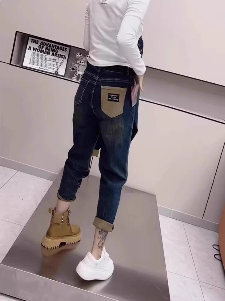梨型身材褲子大碼高腰九分牛仔褲女秋胖妹妹mm寬鬆顯瘦蘿蔔哈倫褲