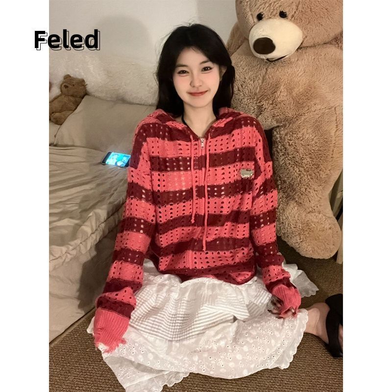 飛拉丹頓美式復古連帽針織開衫女秋季破洞鏤空寬鬆甜辣毛衣潮外套