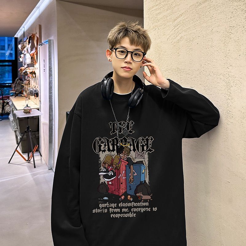 純棉長袖t恤男秋季歐美高街內搭打底衫潮牌寬鬆痞帥高級感上衣男