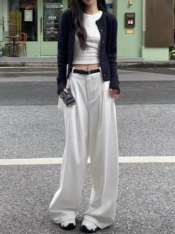 白色闊腿牛仔褲女秋季加長版高腰垂感顯瘦休閒褲寬鬆直筒拖地褲子