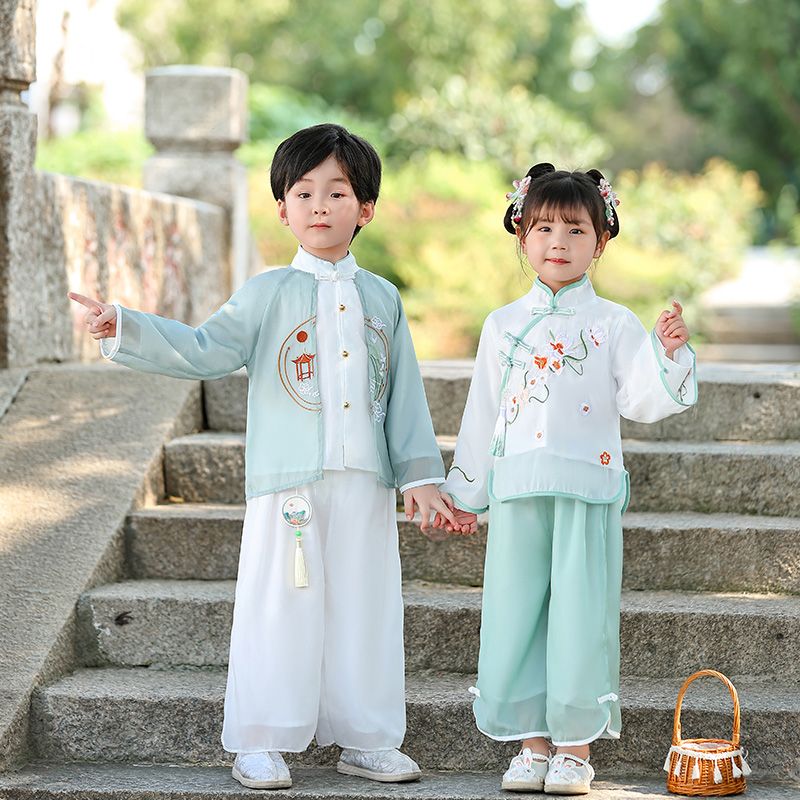 兒童漢服男童春秋2023新款中國風女童古風唐裝兄妹裝姐弟表演服裝