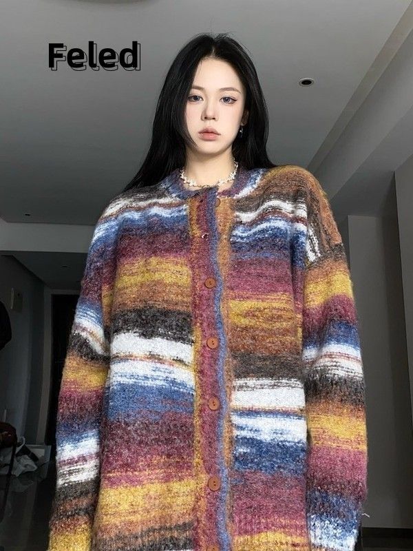 飛拉丹頓2023新款慵懶風復古毛衣外套男女設計感開衫早秋針織衫