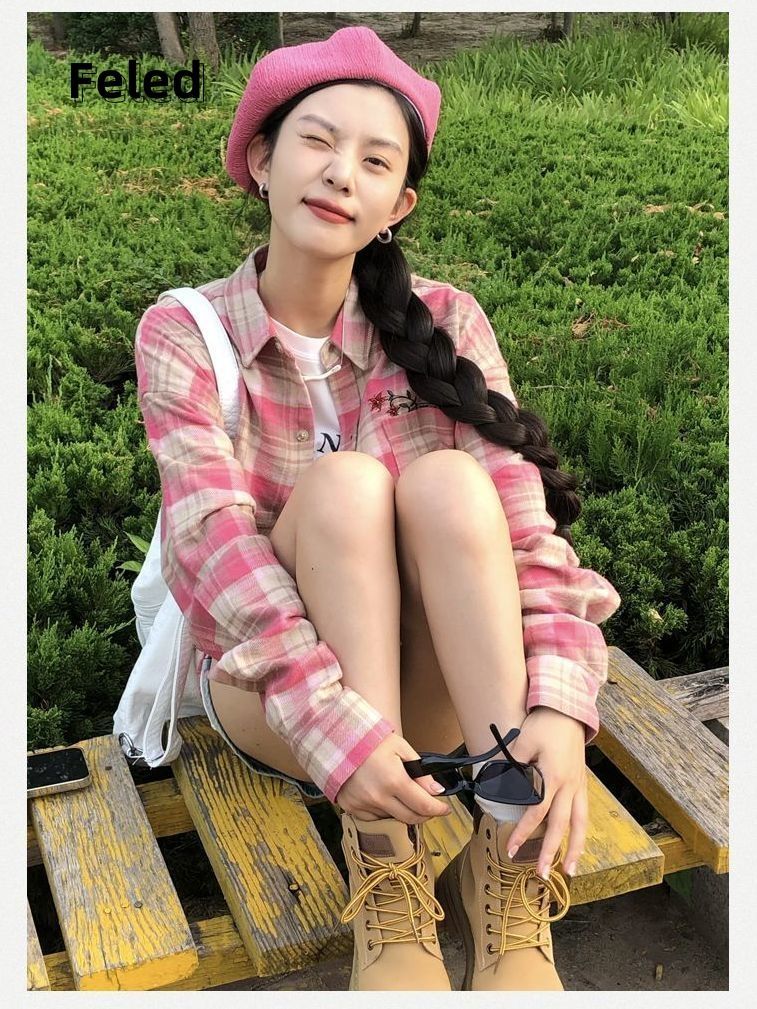 飛拉丹頓美式嘻哈刺繡下擺流蘇襯衣男女早秋寬鬆復古格子長袖襯衫