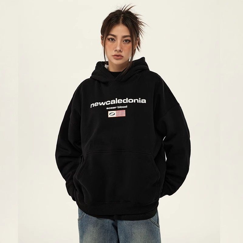 National trend American retro letter print hooded sweatshirt for women autumn and winter new loose heavyweight pure cotton silver fox velvet jacket
