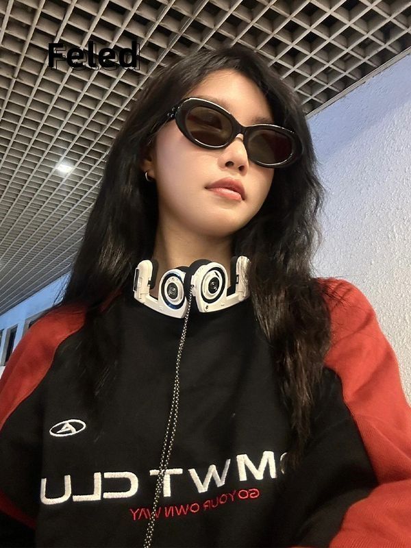 飛拉丹頓早秋新款百搭辣妹寬鬆顯瘦時尚設計感撞色辣妹復古潮上衣
